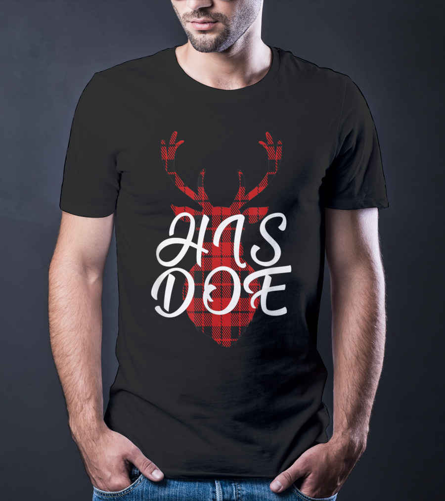 His Doe Couples Matching Red Buffalo Plaid Deer Head T-Shirt