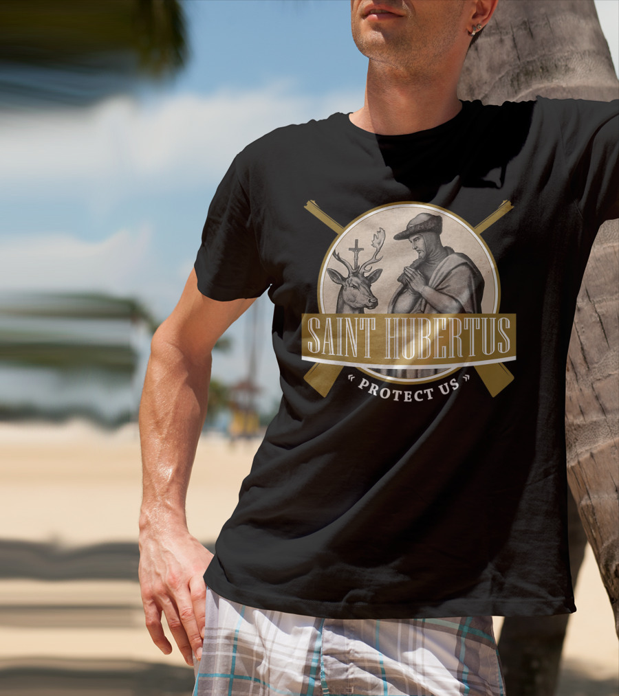 Saint Hubertus Protect Us Hubertus Patron Saint Of Hunters Hubert Rifle T-Shirt