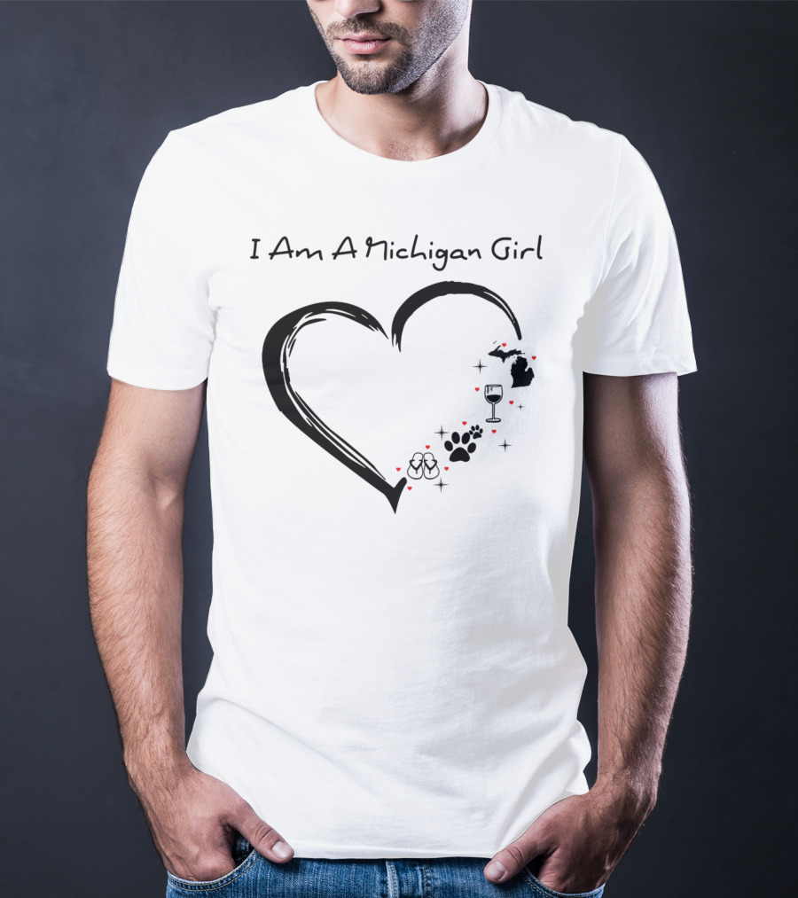 I Am A Michigan Girl Heart Wine Glass Dog Paw Print Flip Flops T-Shirt