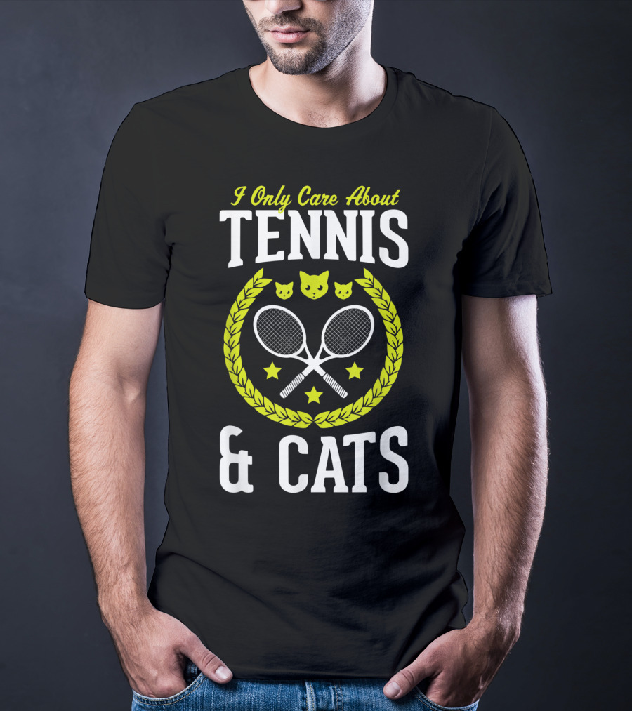 I Only Care About Tennis And Cats Funny Tennis Rackets Cat Faces Laurel Stars T-Shirt