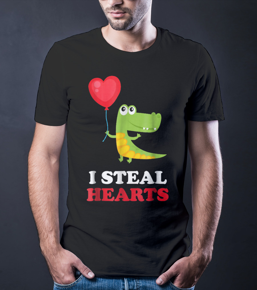 I Steal Hearts Dinosaur Holding Balloon Valentines Day T-Shirt