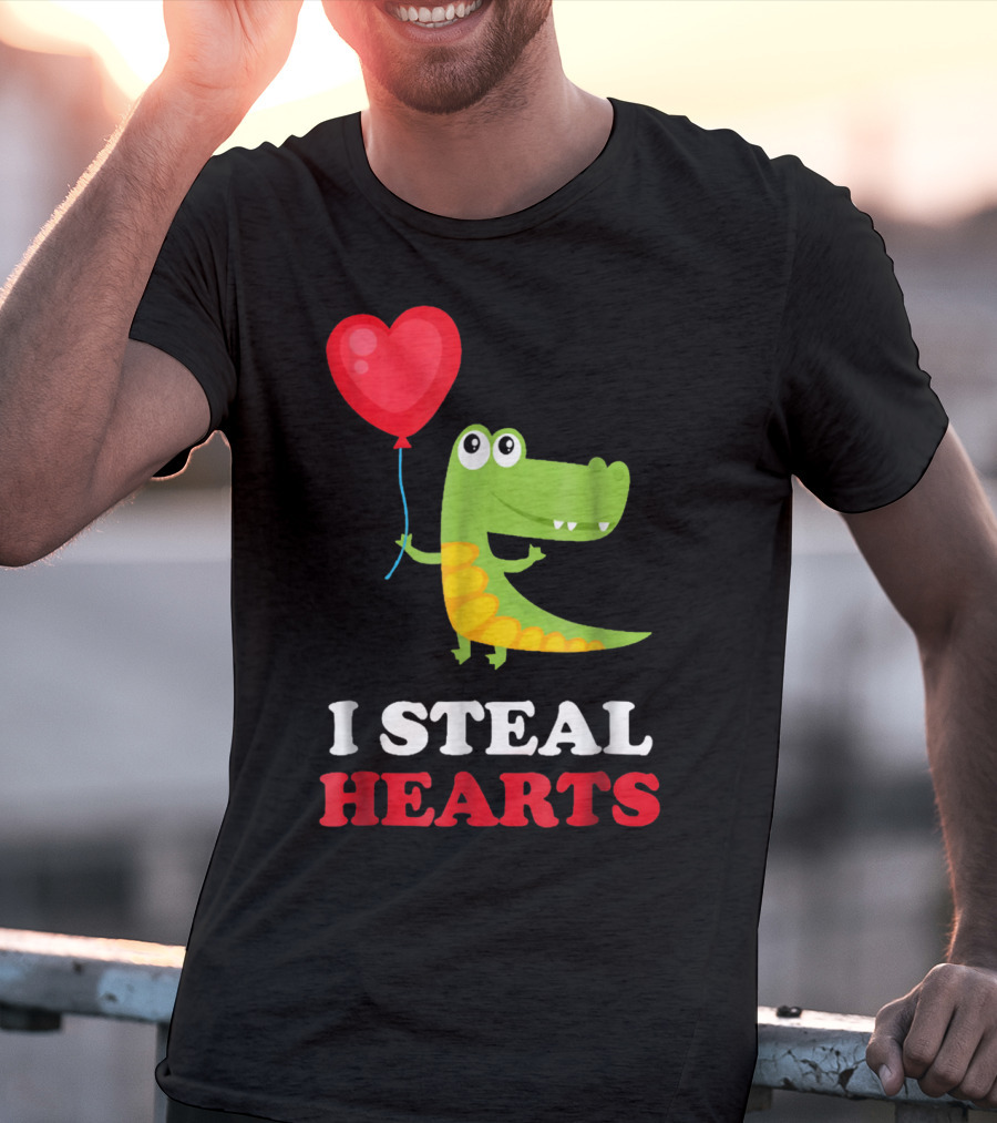 I Steal Hearts Dinosaur Holding Balloon Valentines Day T-Shirt