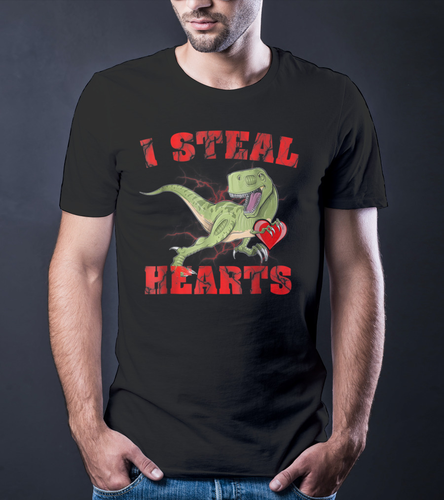 I Steal Hearts Valentine's Day Dinosaur Rex E2 Funny T-Rex Holding Heart T-Shirt