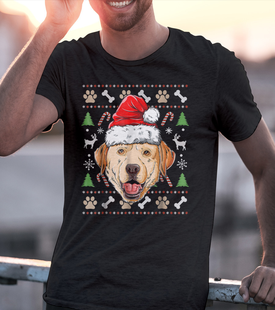 Labrador Ugly Christmas Sweater Santa Hat Xmas Dog Candy Cane Paw Print Snowflake T-Shirt