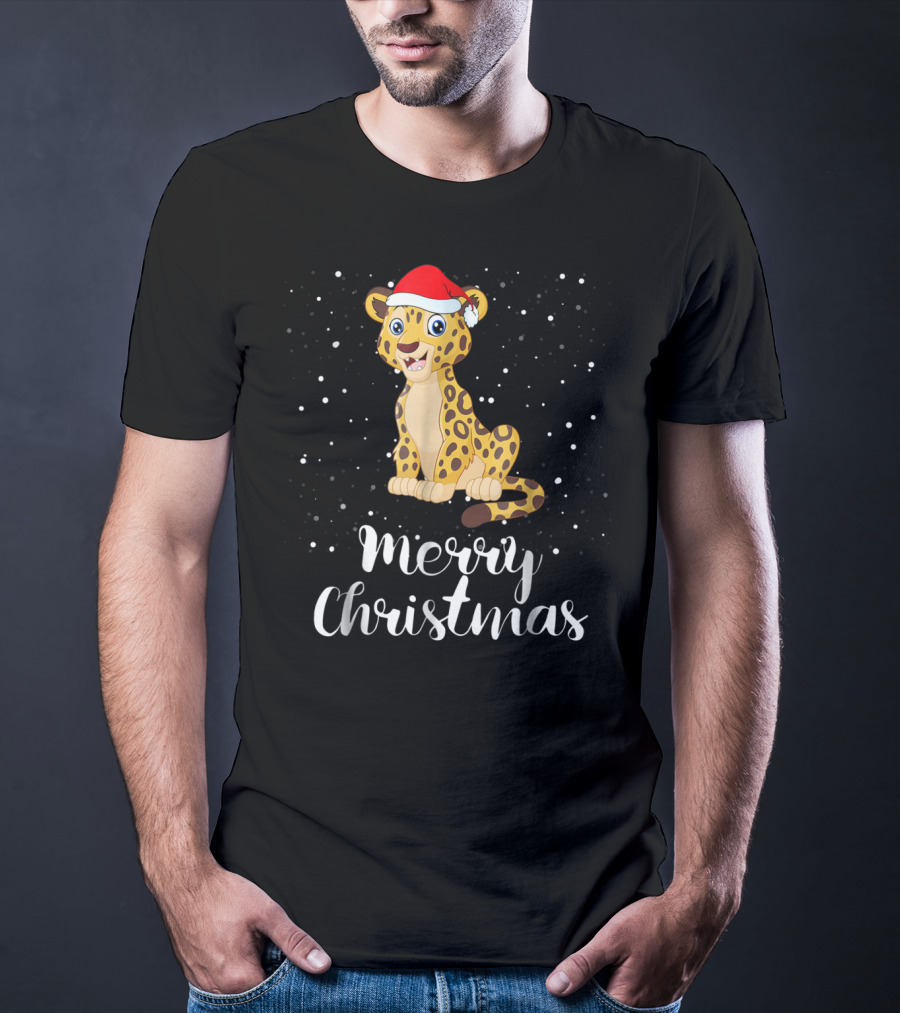 Merry Christmas Leopard Santa Hat Matching Family Group T-Shirt