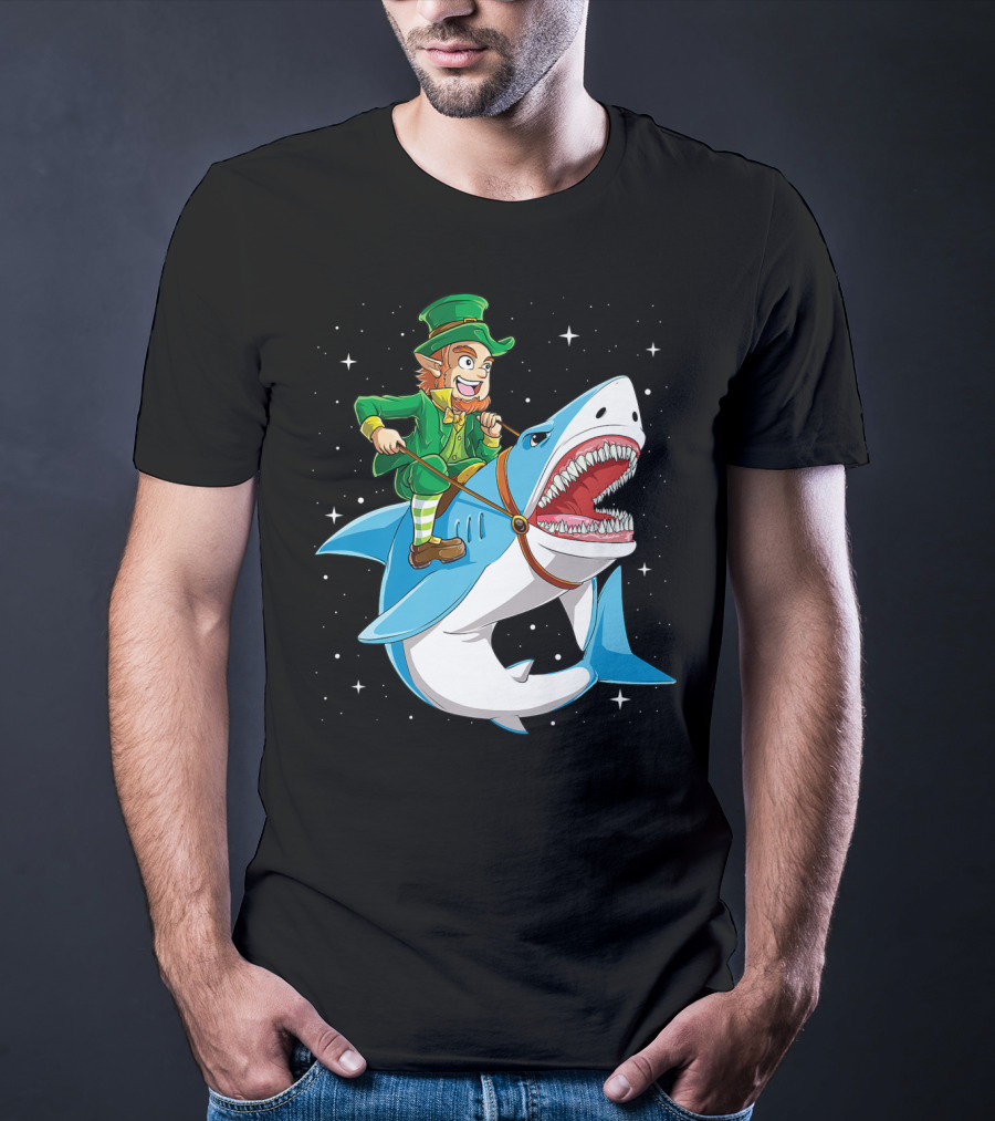 Leprechaun Riding Shark Happy St Patricks Day Fun Boys Adventure T-Shirt
