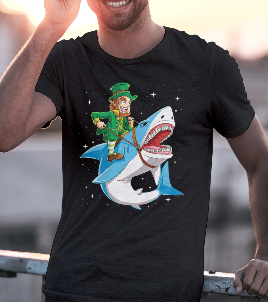 Leprechaun Riding Shark Happy St Patricks Day Fun Boys Adventure T-Shirt