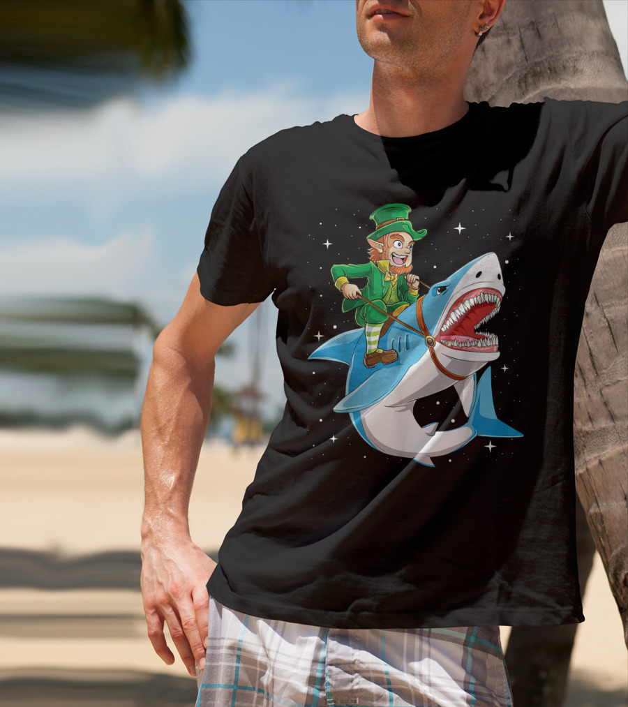 Leprechaun On Great White Shark With Starry Background T-Shirt