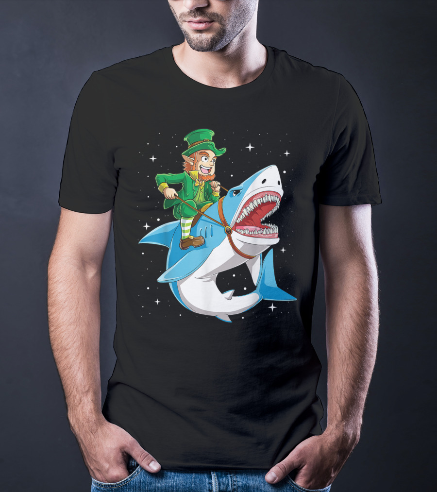 Leprechaun On Great White Shark With Starry Background T-Shirt