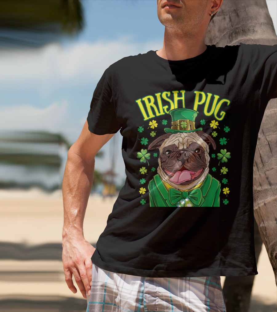 Irish Pug Leprechaun St Patricks Day Boys Dog Shamrock Hat Bow Tie T-Shirt
