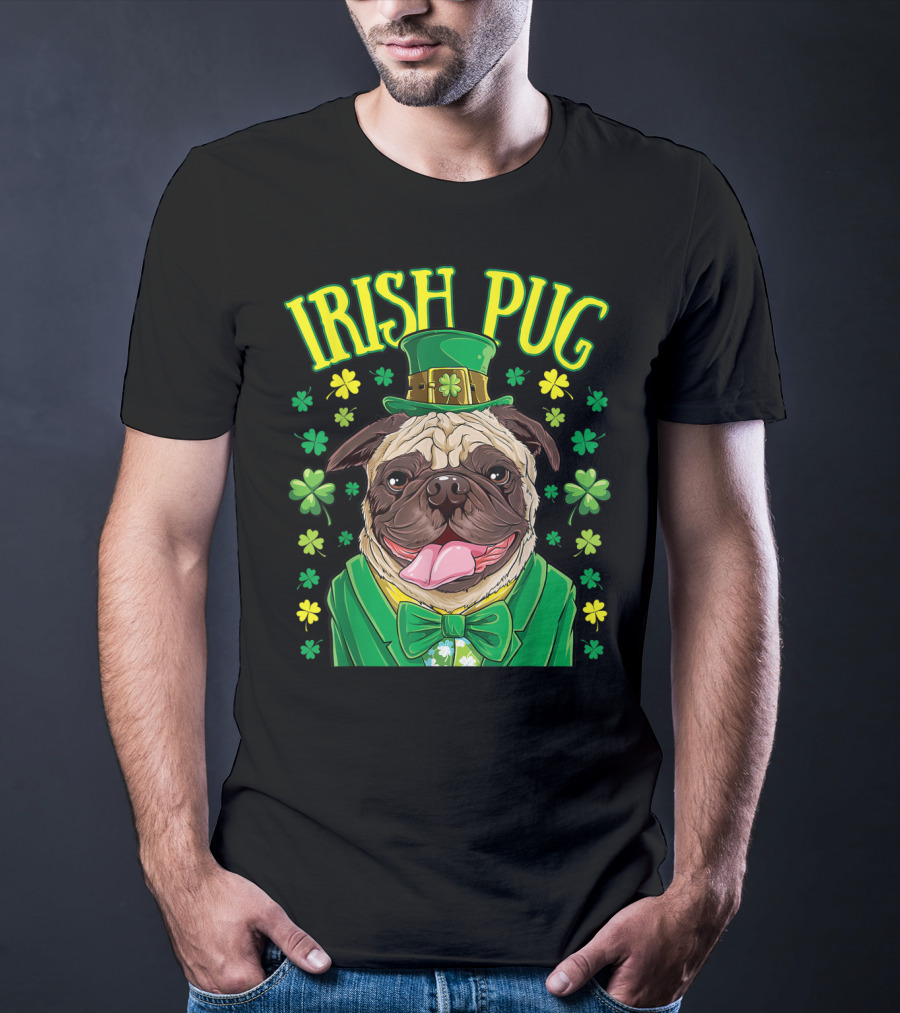 Irish Pug Leprechaun St Patricks Day Boys Dog Shamrock Hat Bow Tie T-Shirt