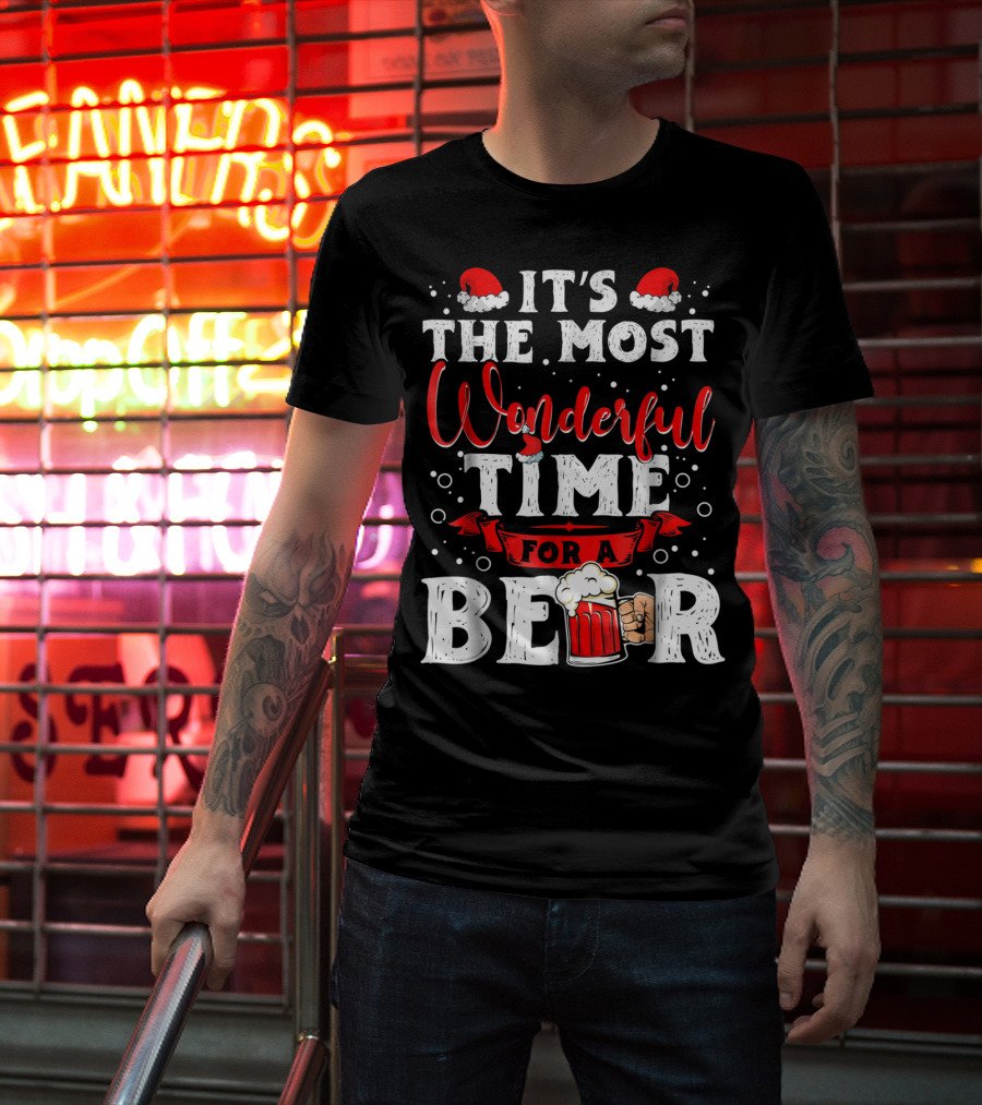 It's The Most Wonderful Time For A Beer Santa Hat Bubbles Cheers T-Shirt