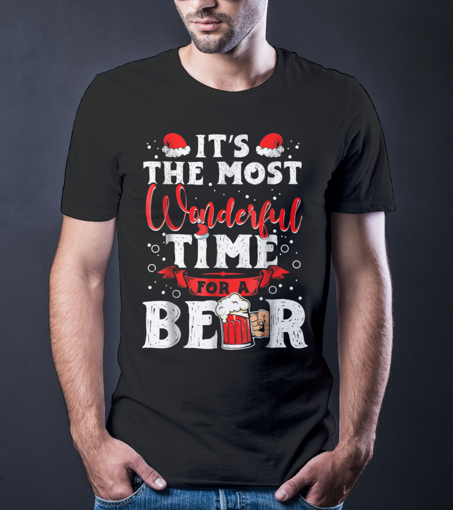 It's The Most Wonderful Time For A Beer Santa Hat Bubbles Cheers T-Shirt
