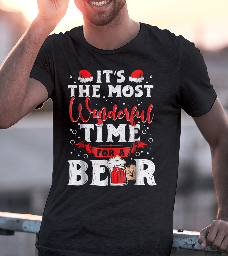 It's The Most Wonderful Time For A Beer Santa Hat Bubbles Cheers T-Shirt