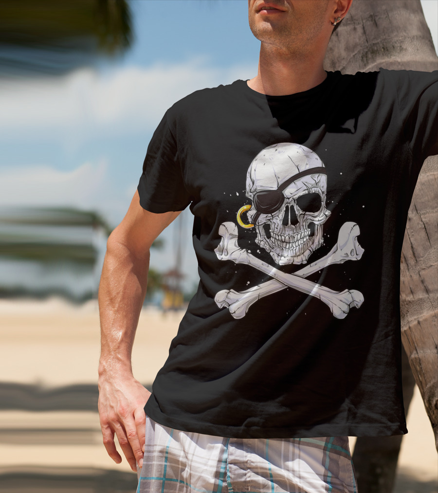 Jolly Roger Skull Crossbones Pirate Eye Patch Gold Earring T-Shirt