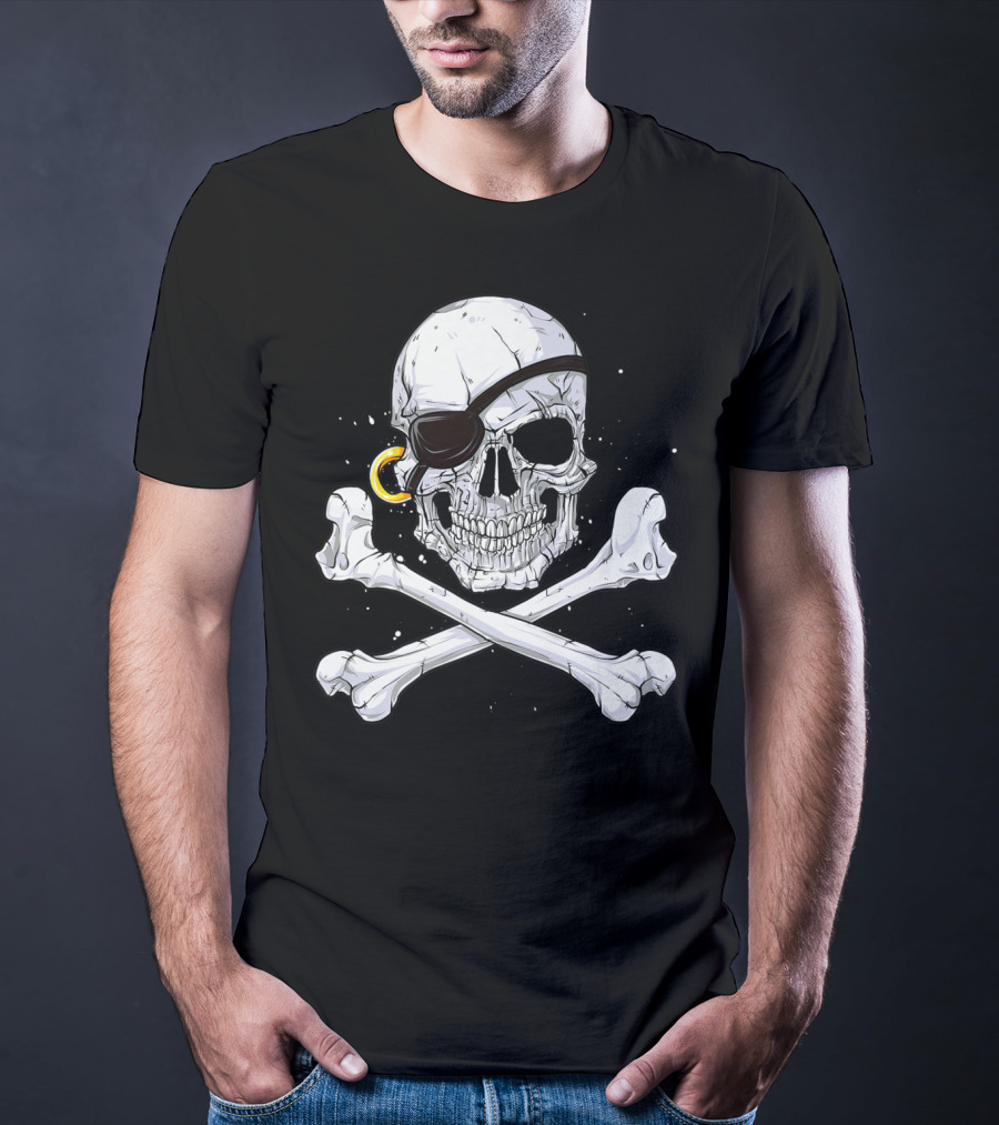 Jolly Roger Skull Crossbones Pirate Eye Patch Gold Earring T-Shirt