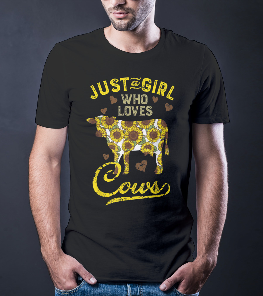 Just A Girl Who Loves Cows Sunflower Farm Sunflower Patterned Cow With Hearts T-Shirt