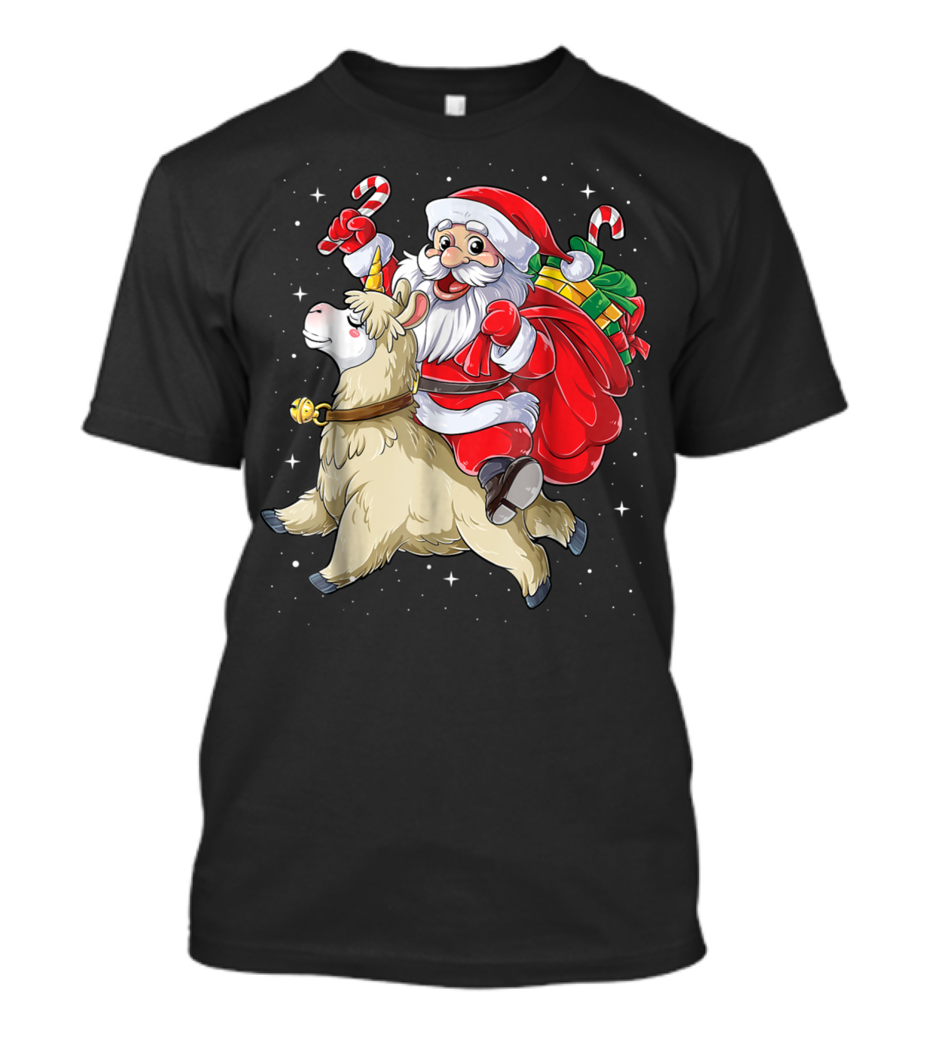 Santa Claus Riding Llamacorn Unicorn With Candy Canes And Gifts T-Shirt