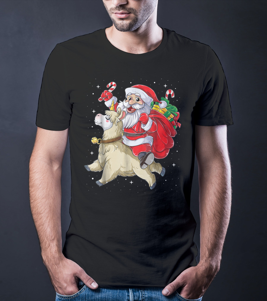 Santa Claus Riding Llamacorn Unicorn With Candy Canes And Gifts T-Shirt