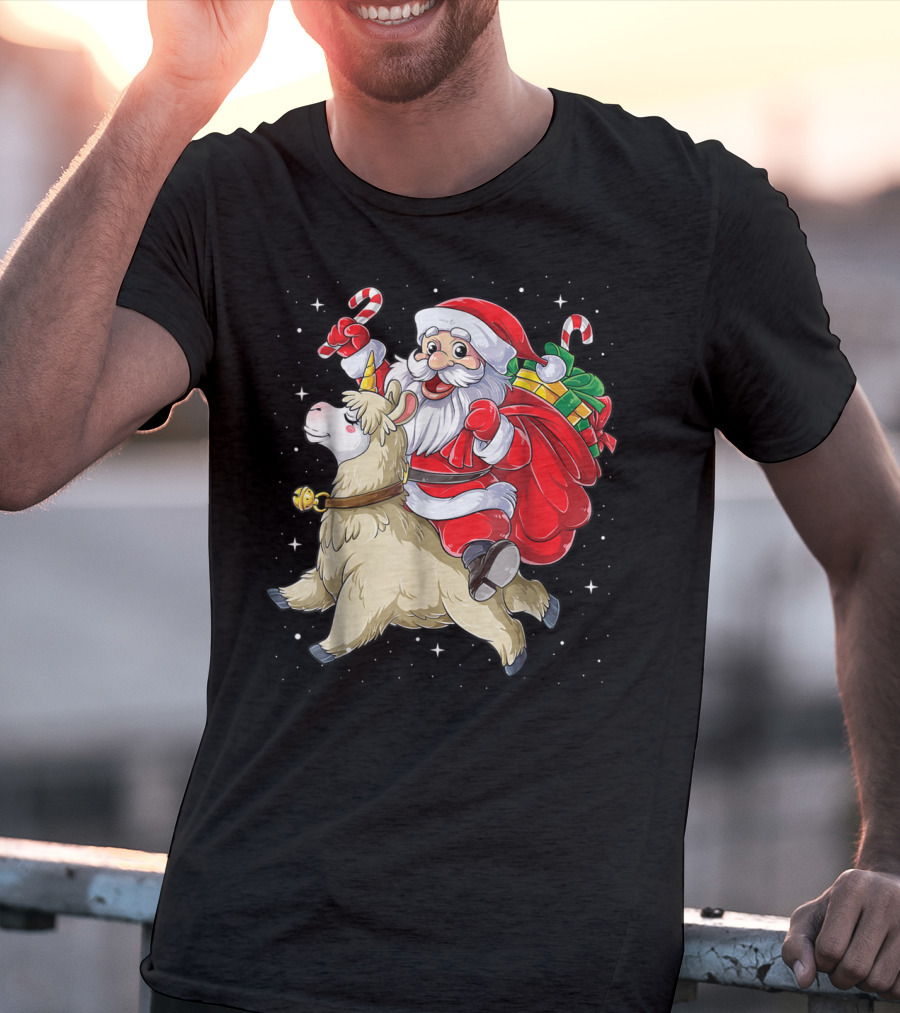 Santa Claus Riding Llamacorn Unicorn With Candy Canes And Gifts T-Shirt