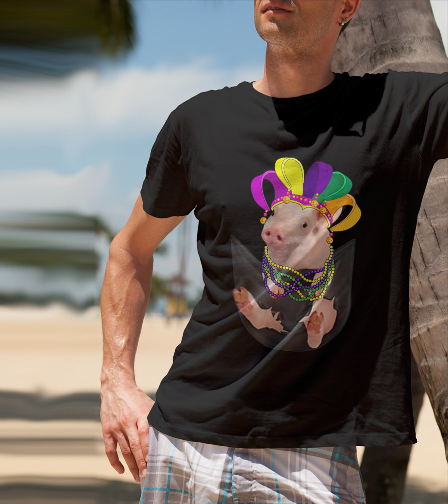 Mardi Gras Pig In Your Pocket With Colorful Beads And Jester Hat Farm Animal T-Shirt