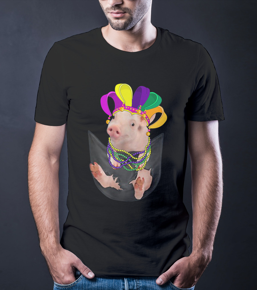 Mardi Gras Pig In Your Pocket With Colorful Beads And Jester Hat Farm Animal T-Shirt