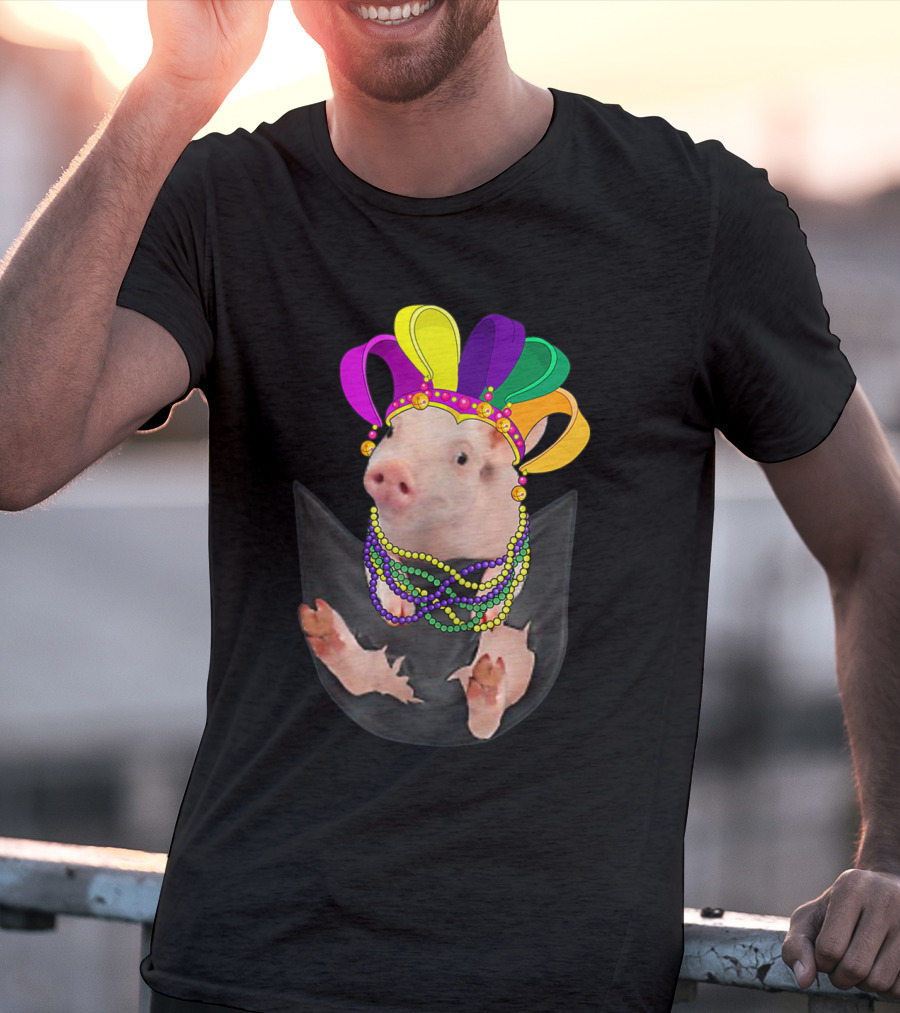Mardi Gras Pig In Your Pocket With Colorful Beads And Jester Hat Farm Animal T-Shirt