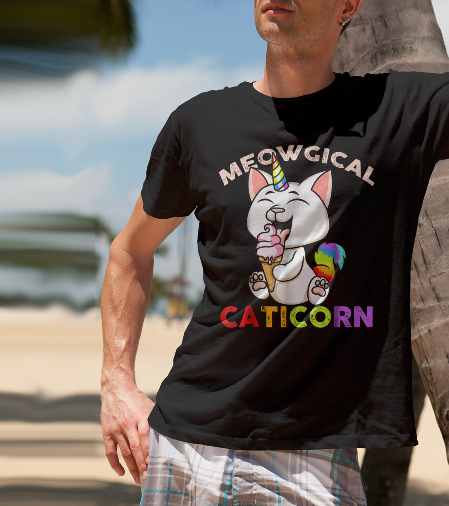 Meowgical Caticorn Rainbow Cat Unicorn Eating Ice Cream Cone T-Shirt