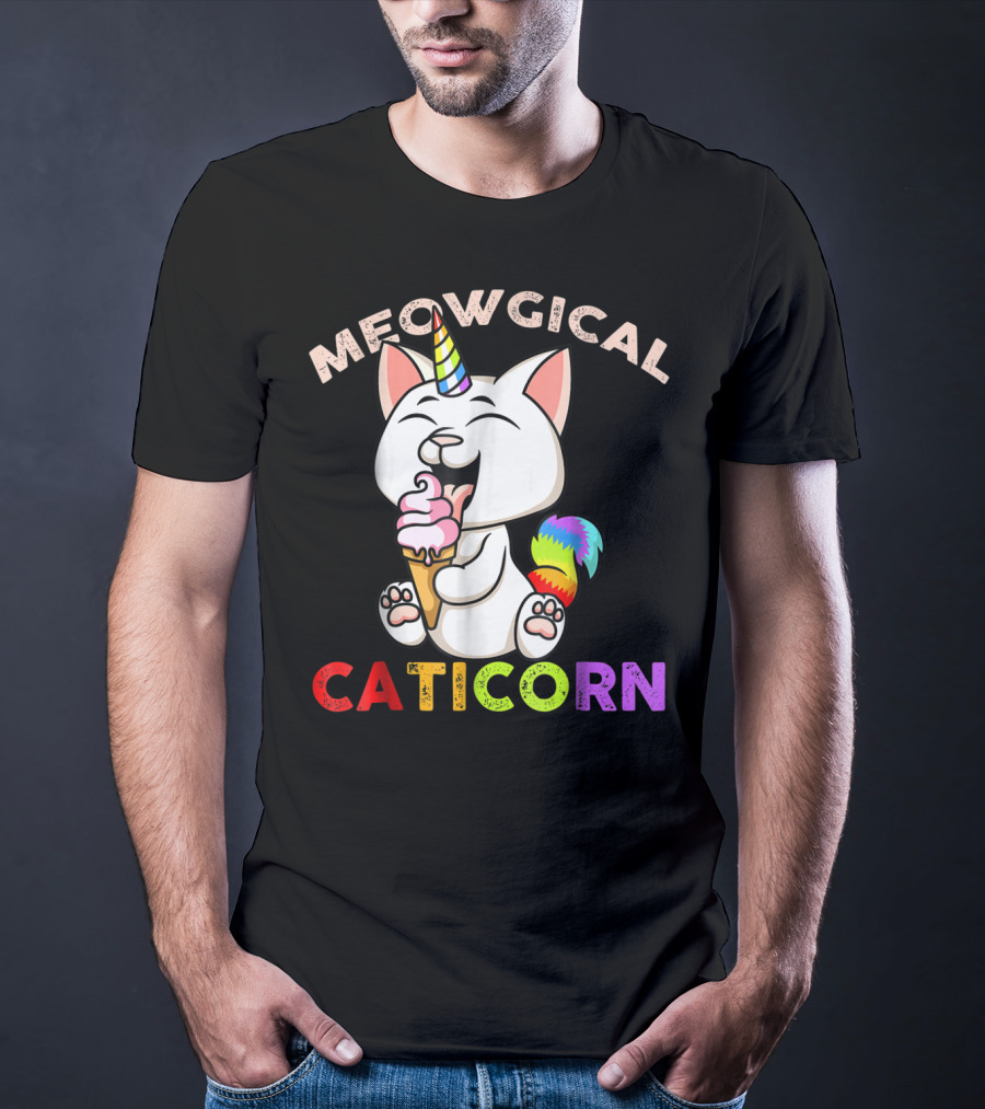 Meowgical Caticorn Rainbow Cat Unicorn Eating Ice Cream Cone T-Shirt