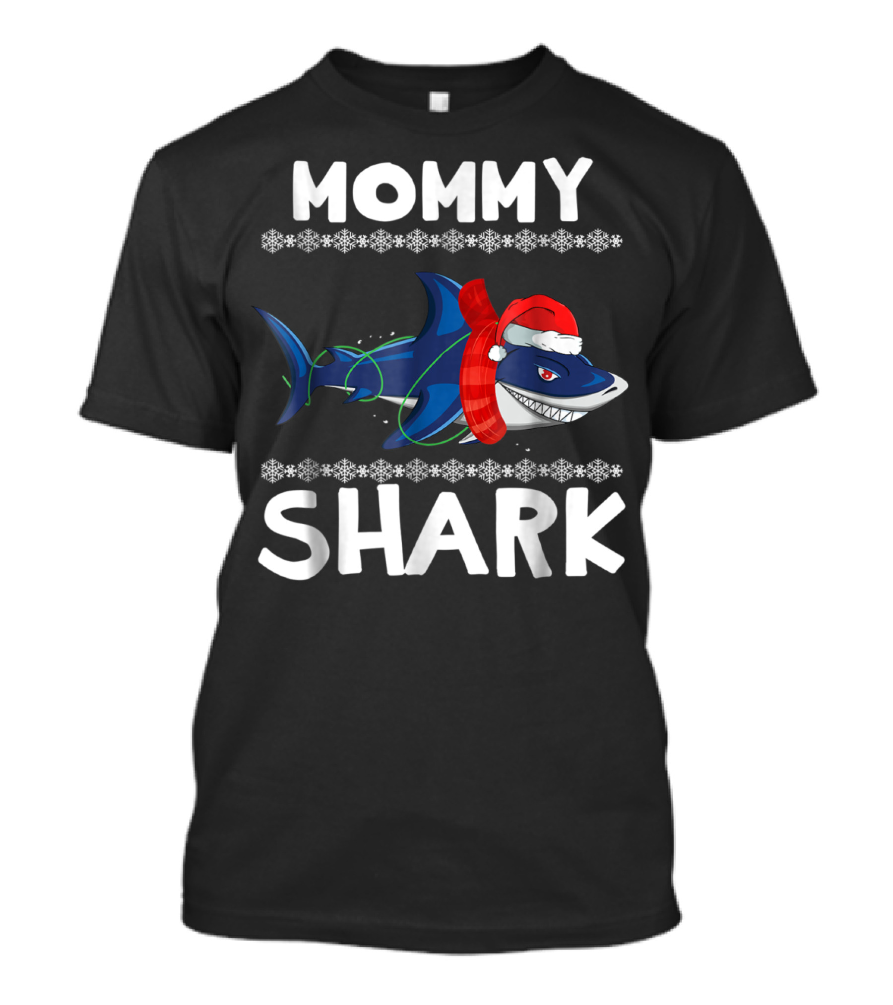 Mommy Shark Christmas Family With Santa Hat And Snowflakes T-Shirt
