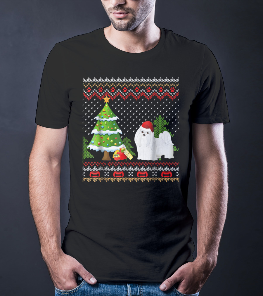 Maltese Santa Christmas UglyDog With Festive Tree And Gifts T-Shirt