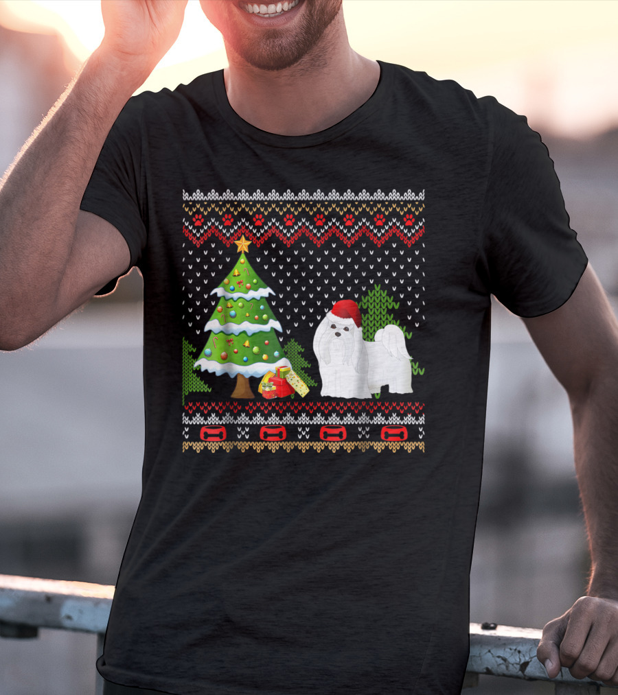 Maltese Santa Christmas UglyDog With Festive Tree And Gifts T-Shirt