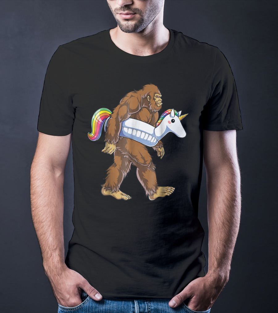 Sasquatch With Unicorn Float Pool Party Bigfoot T-Shirt