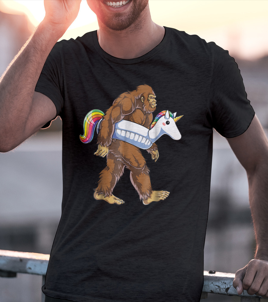 Sasquatch With Unicorn Float Pool Party Bigfoot T-Shirt