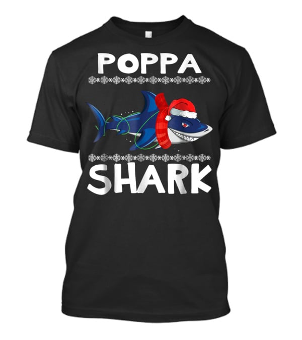 Poppa Shark Ugly Christmas Family Santa Hat Snowflakes T-Shirt
