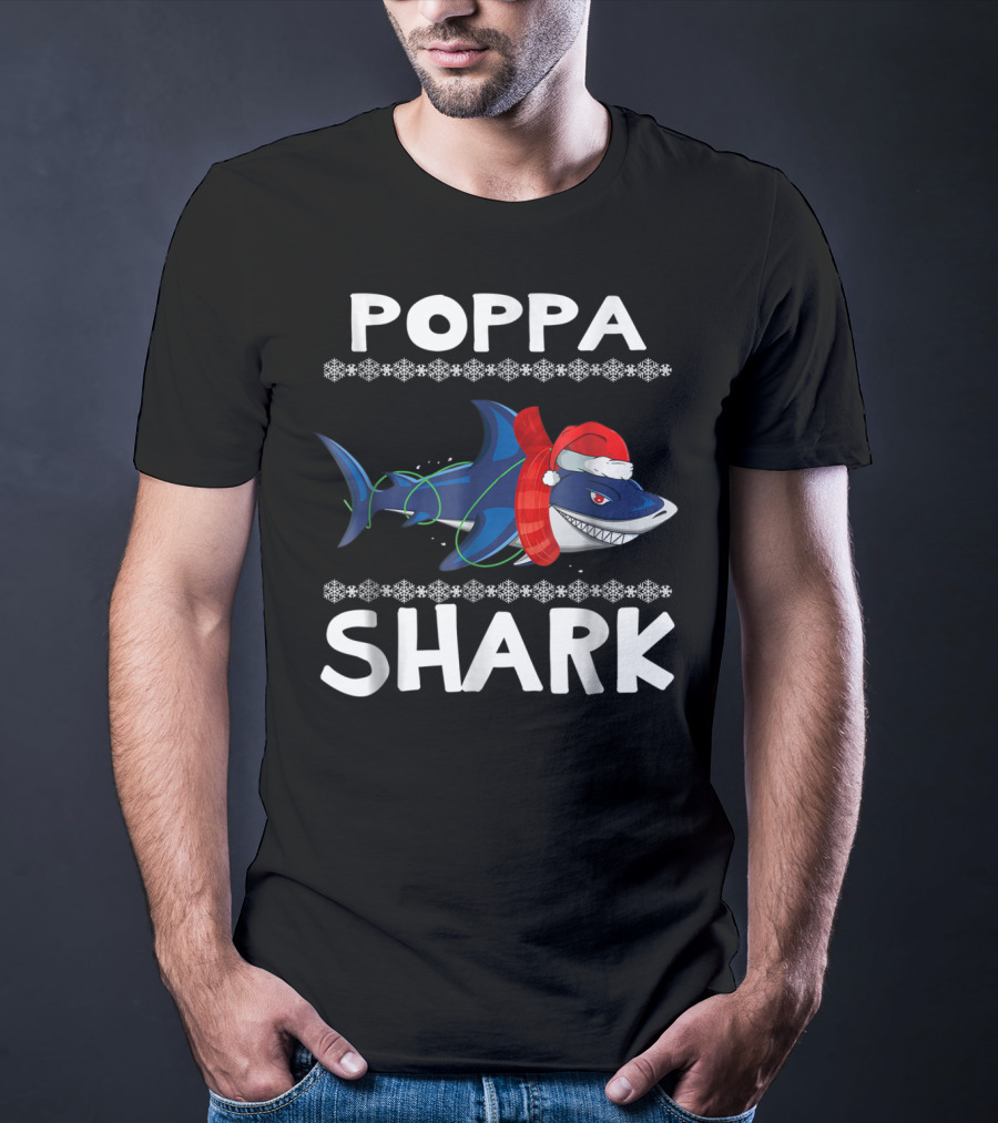 Poppa Shark Ugly Christmas Family Santa Hat Snowflakes T-Shirt