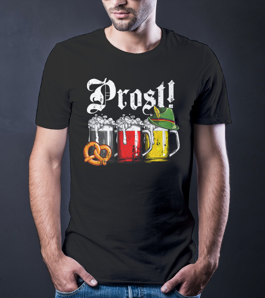 Prost Beer German Flag Oktoberfest With Pretzel And Bavarian Hat T-Shirt