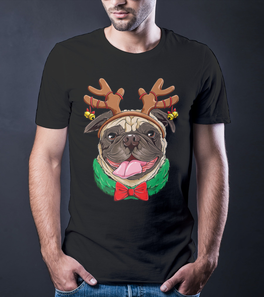 Pug Christmas Reindeer Antlers Dog Xmas Girls S6 Holiday Bow Wrapping Bells T-Shirt