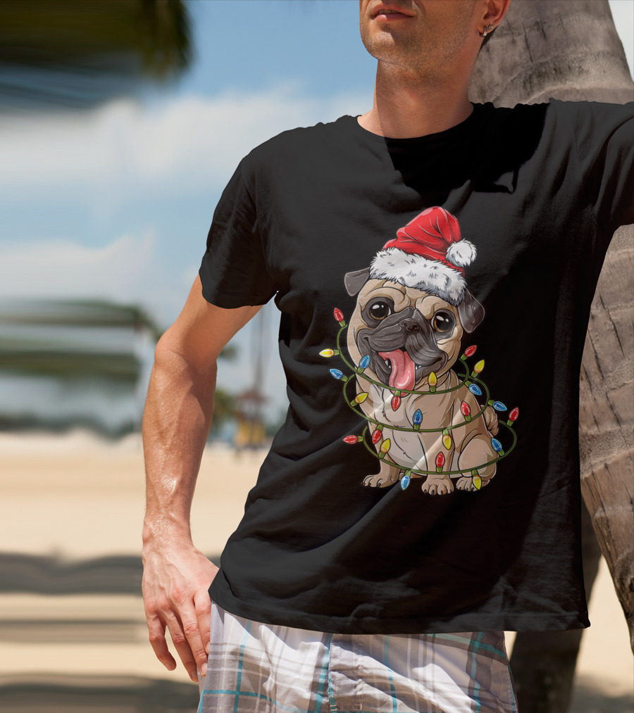Pug Wearing Santa Hat Wrapped In Xmas Lights For Christmas T-Shirt