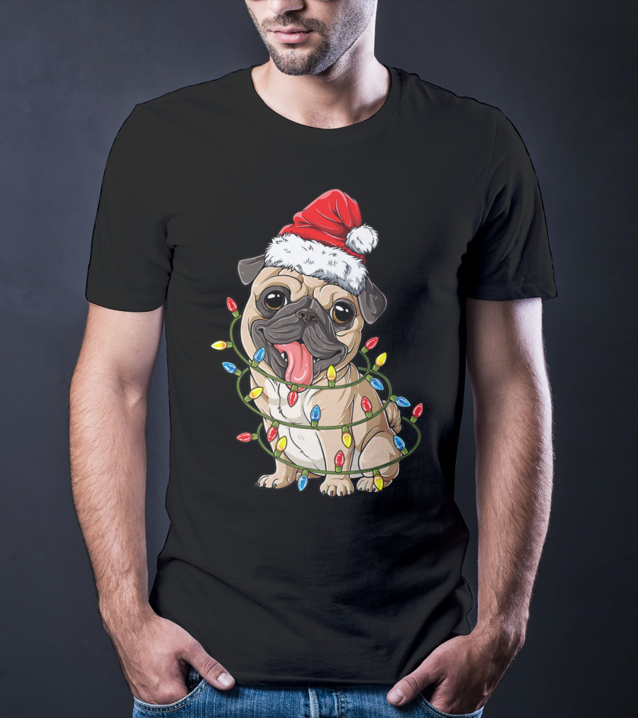 Pug Wearing Santa Hat Wrapped In Xmas Lights For Christmas T-Shirt