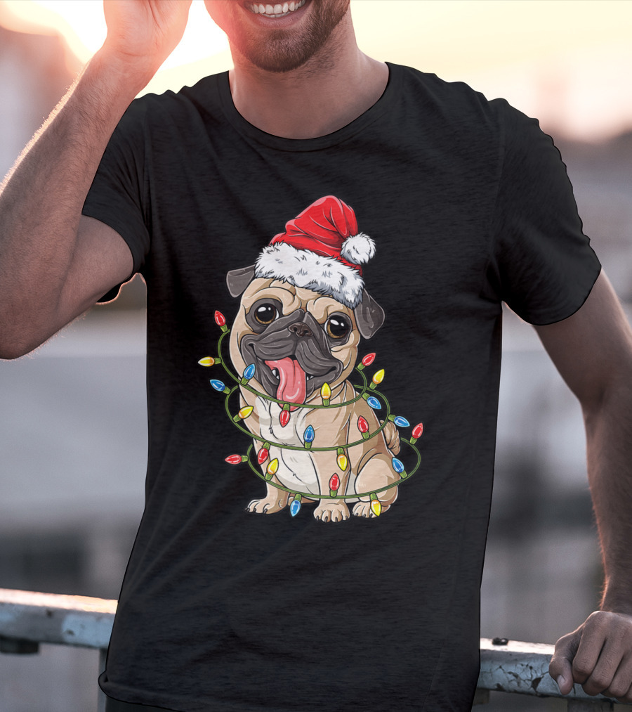 Pug Wearing Santa Hat Wrapped In Xmas Lights For Christmas T-Shirt