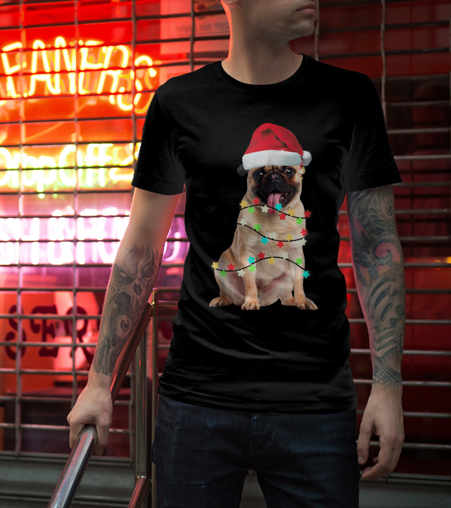 Pug Santa Christmas Light Wrapping Festive Holiday Hat T-Shirt