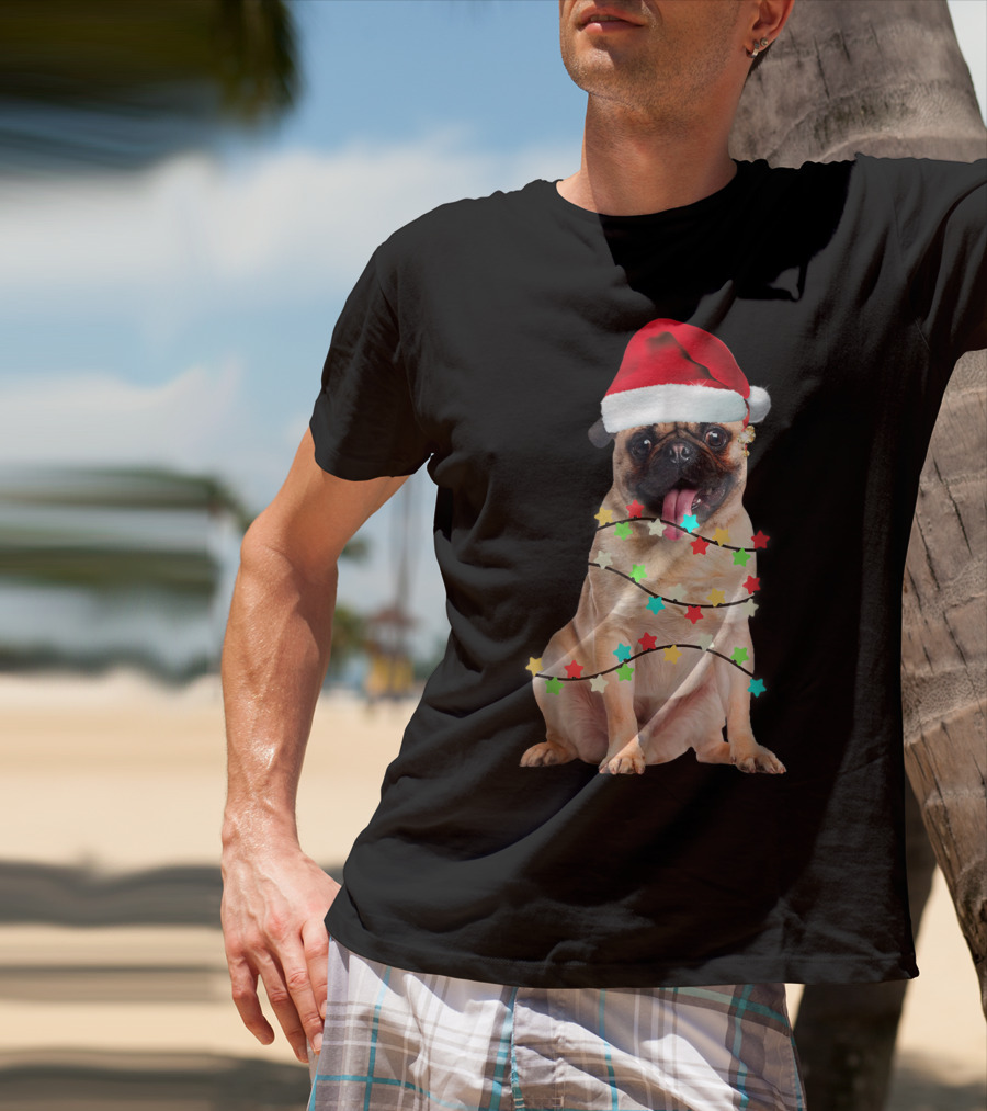 Pug Santa Christmas Light Wrapping Festive Holiday Hat T-Shirt