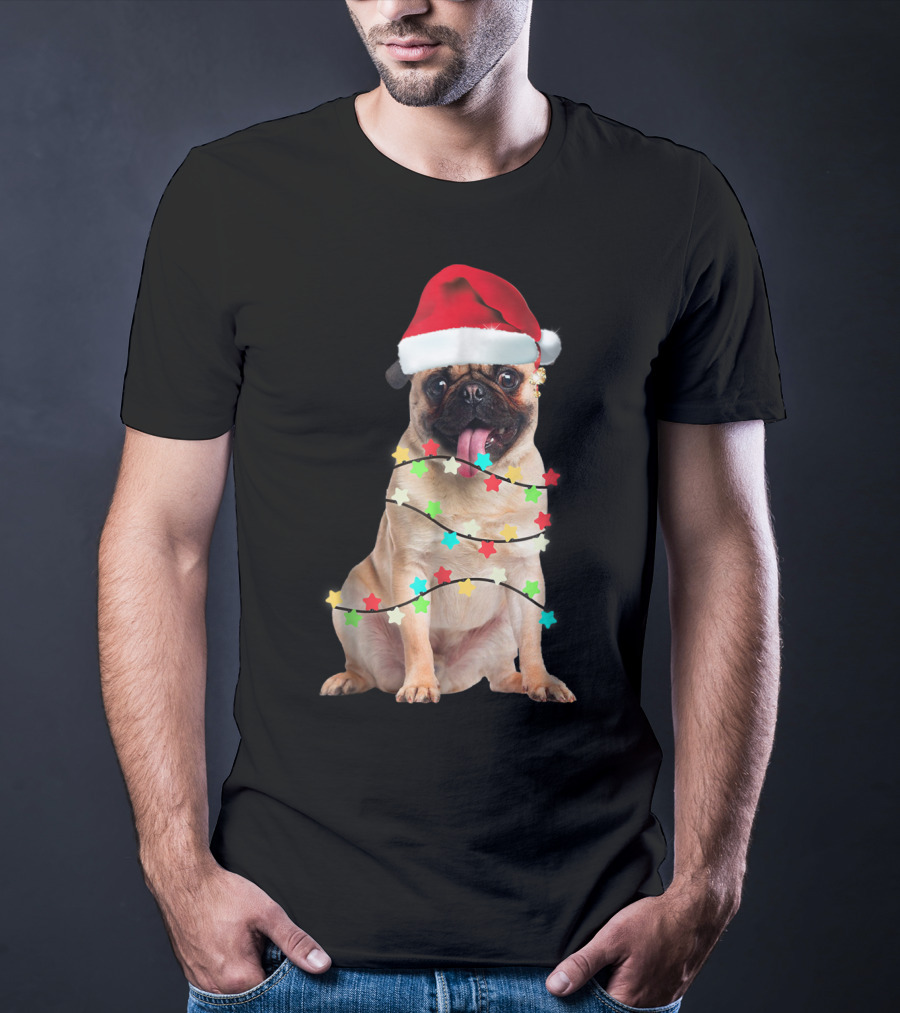 Pug Santa Christmas Light Wrapping Festive Holiday Hat T-Shirt
