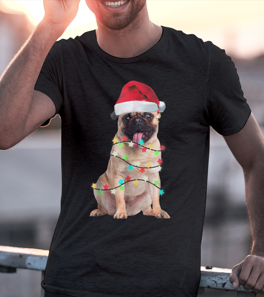 Pug Santa Christmas Light Wrapping Festive Holiday Hat T-Shirt