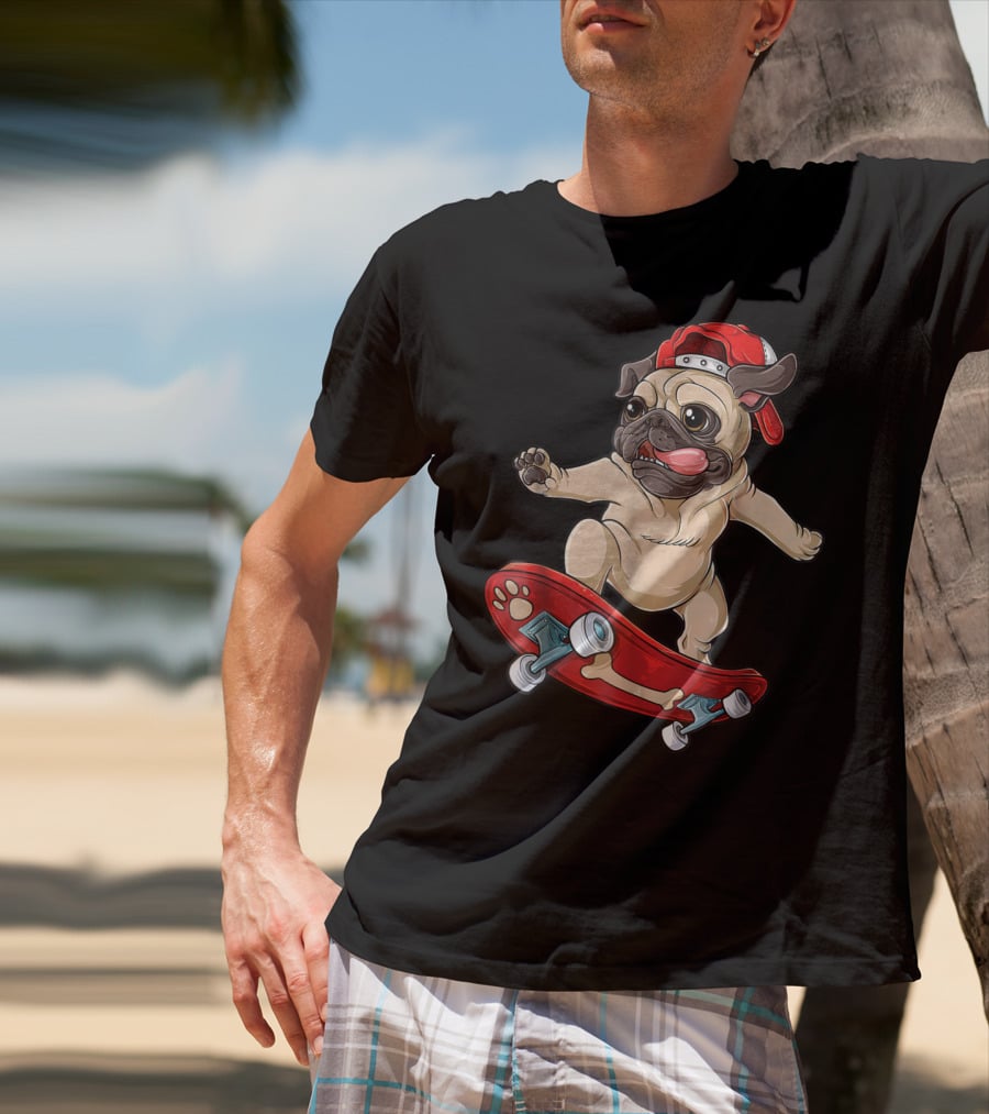 Pug Puppy Skater With Red Hat And Paw Print Skateboard T-Shirt