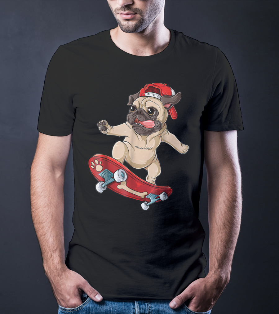 Pug Puppy Skater With Red Hat And Paw Print Skateboard T-Shirt