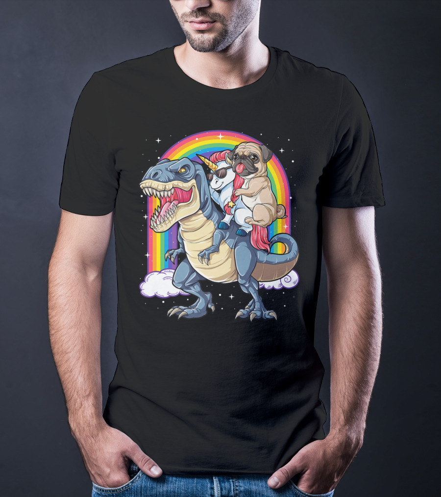 Pug Unicorn Riding Dinosaur With Rainbow Kids Girls Women T-Shirt