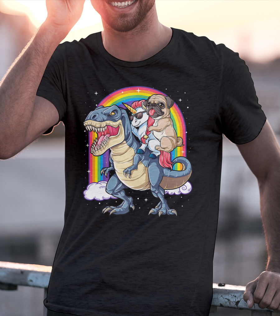 Pug Unicorn Riding Dinosaur With Rainbow Kids Girls Women T-Shirt