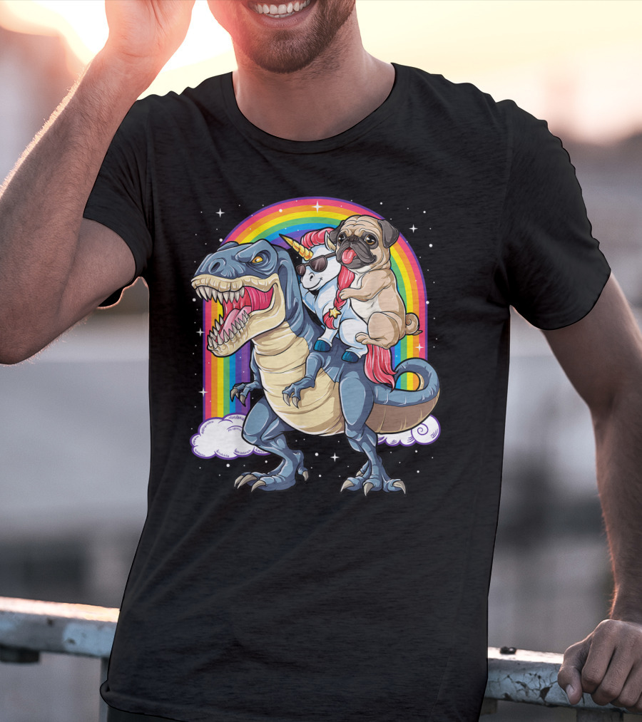 Pug Riding Unicorn Riding Dinosaur Under Rainbow T-Shirt